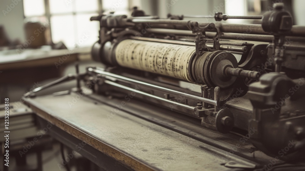 Fototapeta premium Vintage printing press machine with text on roller.