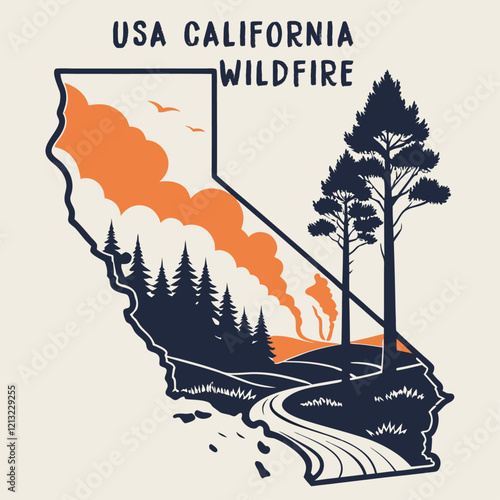USA California wildfire pollution Natural disaster landscape silhouette and map vector 