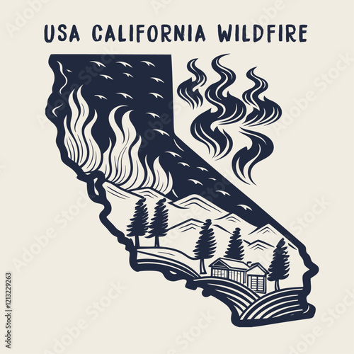 USA California wildfire pollution Natural disaster landscape silhouette and map vector 
