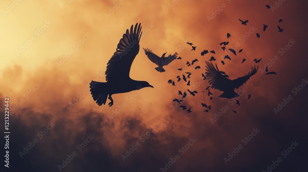 Fototapeta premium Silhouettes of birds flying in a vibrant sunset