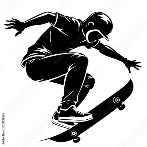 Skateboard kickflip Silhouette: Dynamic silhouette of a skateboarder performing a trick, showcasing balance, skill, and urban action. 