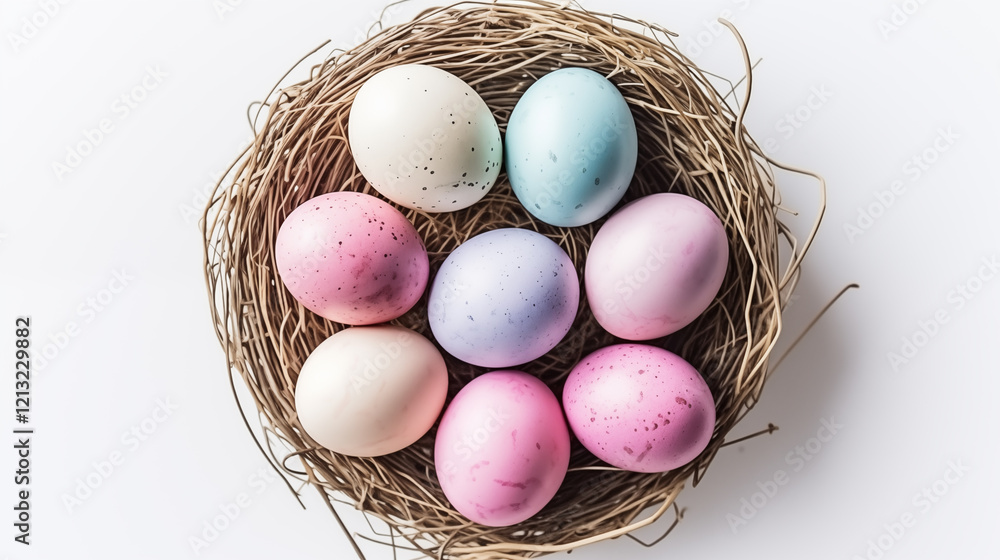 Birds eye view of Easter Eggs in a basket, pastel colours with copy space, white background ~ Created using Generative AI Birds eye view of Easter Eggs in a basket, pastel colours with copy space, white background ~ Created using Generative AI