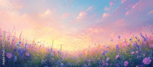 Enchanting meadow at sunset with blooming wildflowers in a scenic countryside landscape  Vibrant colors of the sky and lush vegetation create a serene and tranquil atmosphere
