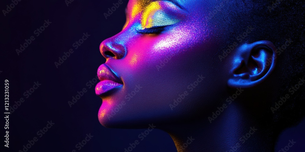 Vibrant Profile: A close-up of a woman's illuminated face in striking colors, ideal for beauty and artistic projects. Vibrant Profile: A close-up of a woman's illuminated face in striking colors, ideal for beauty and artistic projects.