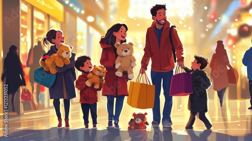 Happy family Christmas shopping mall winter