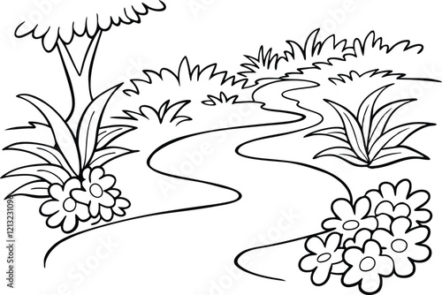 Flowing River with Blooming Plants Line Art Vector for Book Design