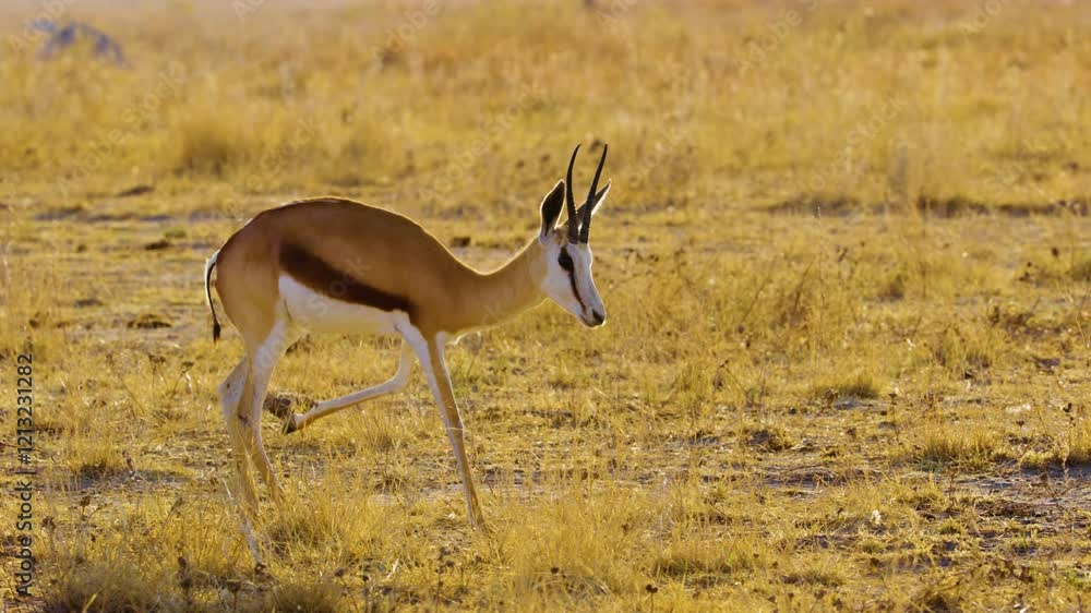 An injured Springbok (Antidorcas marsupialis) limping on his leg in savannah of Botswana South Africa. An injured Springbok (Antidorcas marsupialis) limping on his leg in savannah of Botswana South Africa.