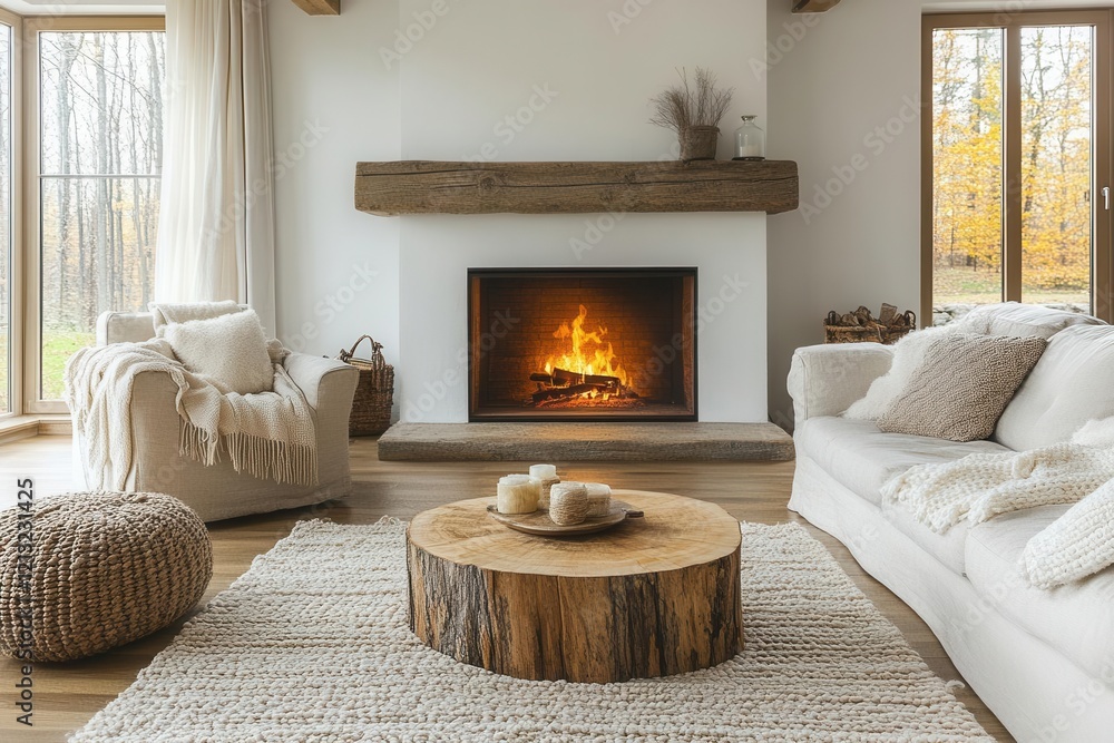 Fototapeta premium modern scandinavian living room showcasing a wood slab coffee table and a beige sofa adorned with plush pillows centered around a cozy fireplace against a bright white wall for a minimalist design