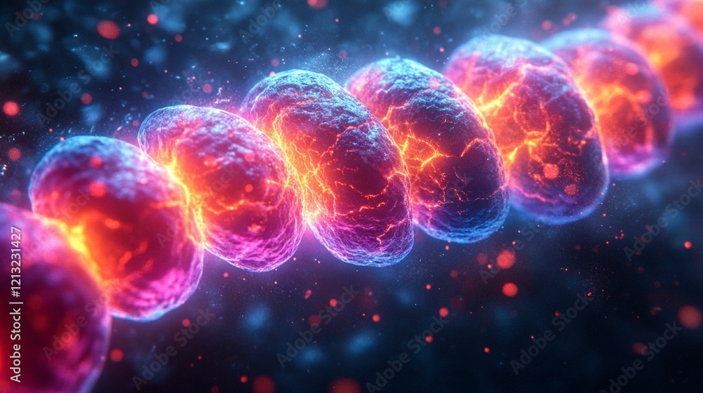 A colorful abstract design representing the chromosomal arrangement within a cell nucleus, highlighted with neon lights. 267 A colorful abstract design representing the chromosomal arrangement within a cell nucleus, highlighted with neon lights. 267