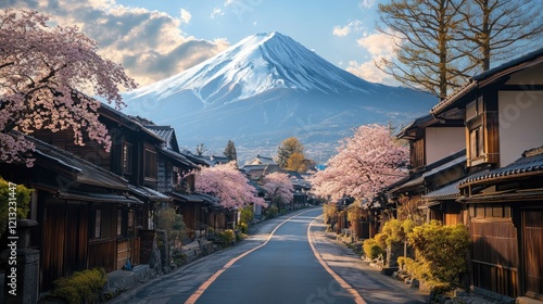 beautiful clean and tidy road to Mount Fuji with blooming pink cherry blossom and old traditional Japanese Shirakawa-go house style at Japan. photo