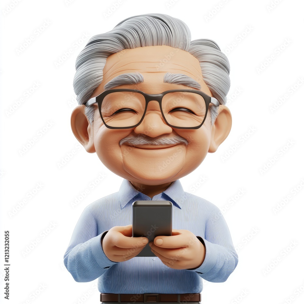 3D memoji of an elderly Asian man with gray hair using a smartphone on a white background 3D memoji of an elderly Asian man with gray hair using a smartphone on a white background