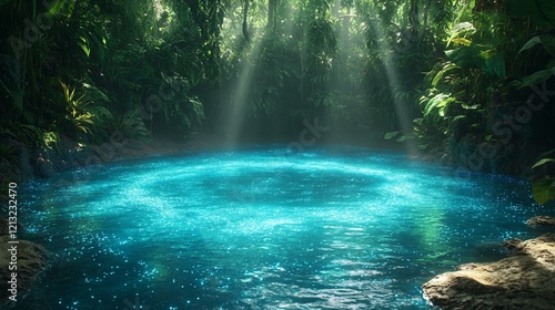 A bioluminescent lagoon with bright blue light emanating from the water, surrounded by lush tropical vegetation. 429 photo