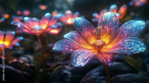 A bioluminescent beetle perched on a tree branch in the dark, casting a soft greenish glow. 464