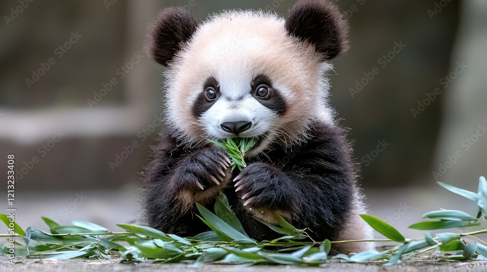Obraz premium Cute baby panda eating bamboo leaves in enclosure