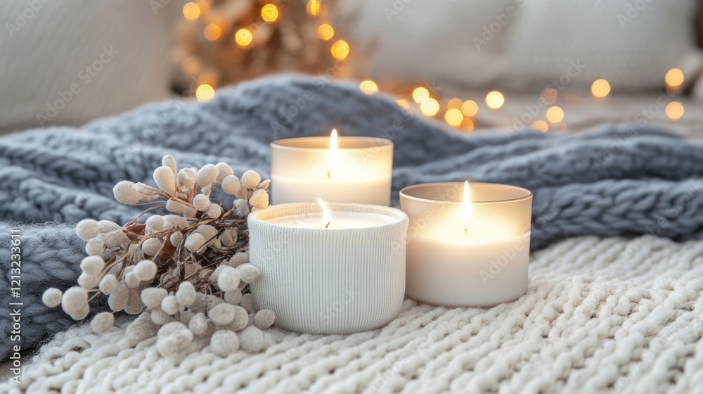 Hygge essentials including candles for a cozy holiday scene Hygge essentials including candles for a cozy holiday scene