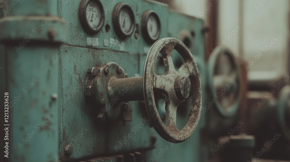 Close-up of rusty teal industrial machinery control panel with gauges and wheel.