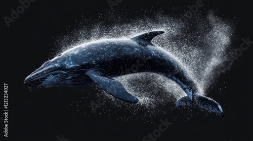 Humpback whale with splashing water droplets isolated on black background photo