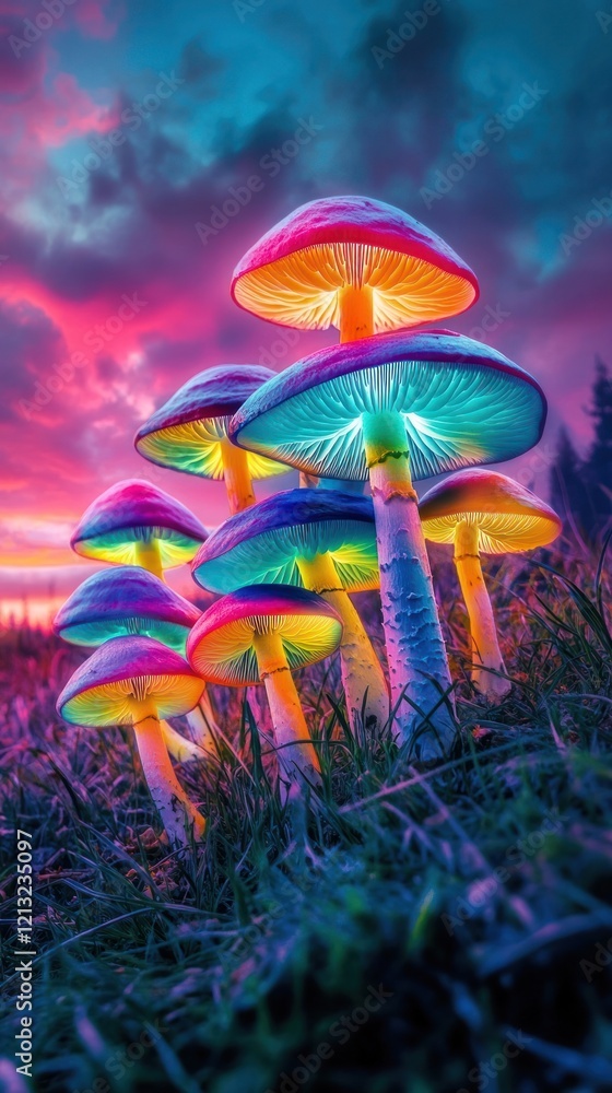 Fototapeta premium A surreal and visually stunning landscape featuring a field of glowing psychedelic mushrooms against a vibrant ethereal sky at sunset The scene evokes a dreamlike mind bending with its vivid colors