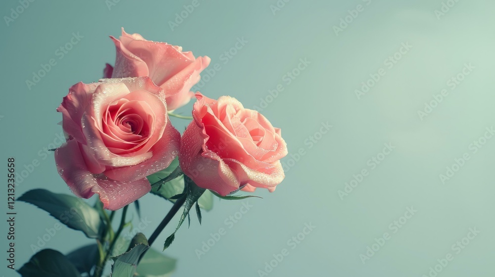 Obraz premium Elegant pink roses with dew drops against soft green background, symbolizing love and freshness, close-up shot.