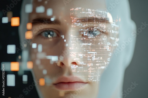 Digital face projection showcases advanced technology in artificial intelligence and data visualization