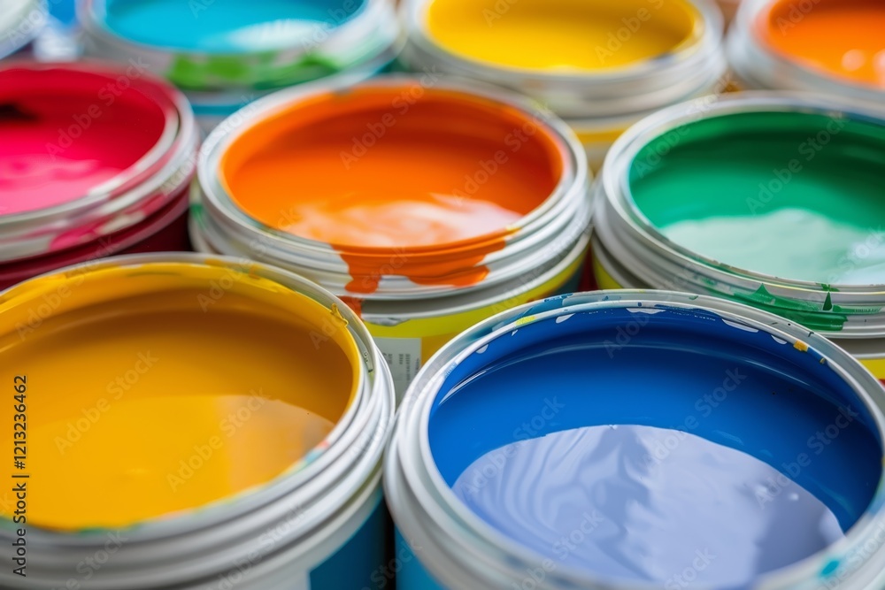 A selection of open paint cans presents a rainbow of bright colors, showcasing potential for vibrant interior decorating projects.. A selection of open paint cans presents a rainbow of bright colors, showcasing potential for vibrant interior decorating projects..