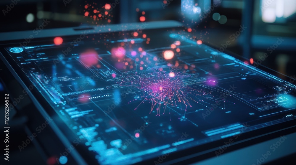 Futuristic transparent tablet device displaying a complex network growing with data processing and colorful bokeh lights in the background, representing innovation and technology Futuristic transparent tablet device displaying a complex network growing with data processing and colorful bokeh lights in the background, representing innovation and technology