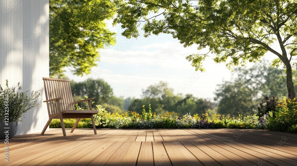 Tranquil Patio Scene: Wooden Chair on Deck Overlooking Lush Greenery Tranquil Patio Scene: Wooden Chair on Deck Overlooking Lush Greenery