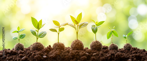 Growing green seedlings in rich soil showcasing stages of development symbolizing growth and teamwork in a vibrant natural setting