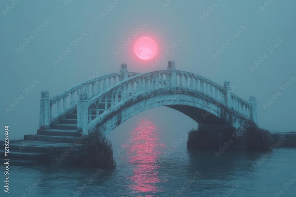 Naklejka premium mysterious bridge enveloped in thick fog suggesting an unknown journey with muted colors and an ethereal light illuminating the scene inviting contemplation and exploration