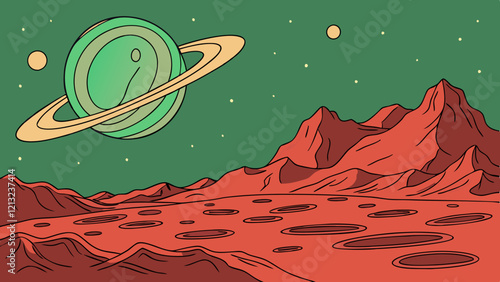 Red Martian desert with mountains, craters, and a green sky with Saturn and stars, perfect for an alien-themed game backdrop.