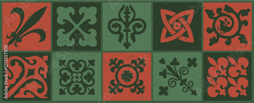 Celtic background. Medieval square tiles with Irish folk tribal motifs and knots.	
