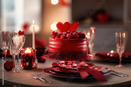 A delicious Valentine day romantic love cake decorated with hearts