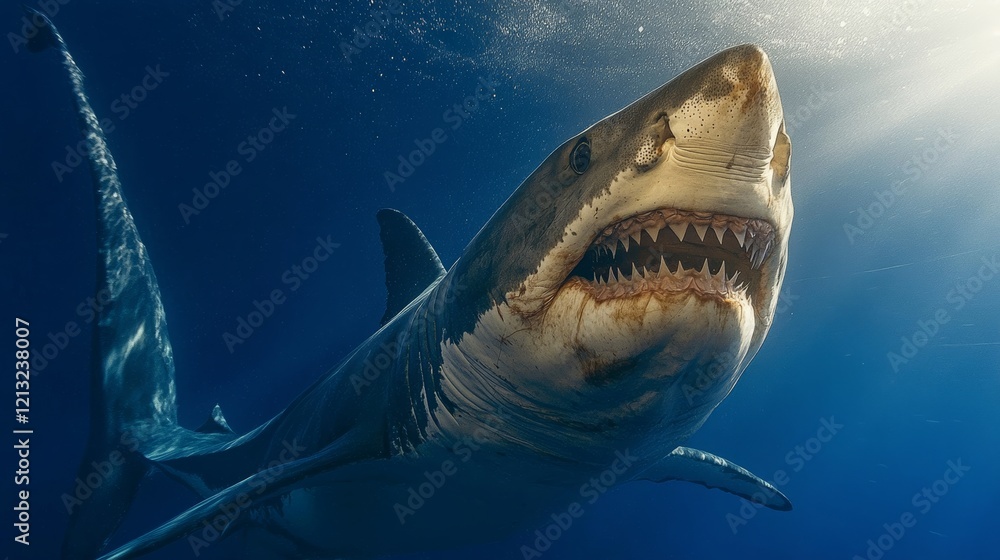 Naklejka premium Great white shark swimming majestically in clear ocean waters under bright sunlight