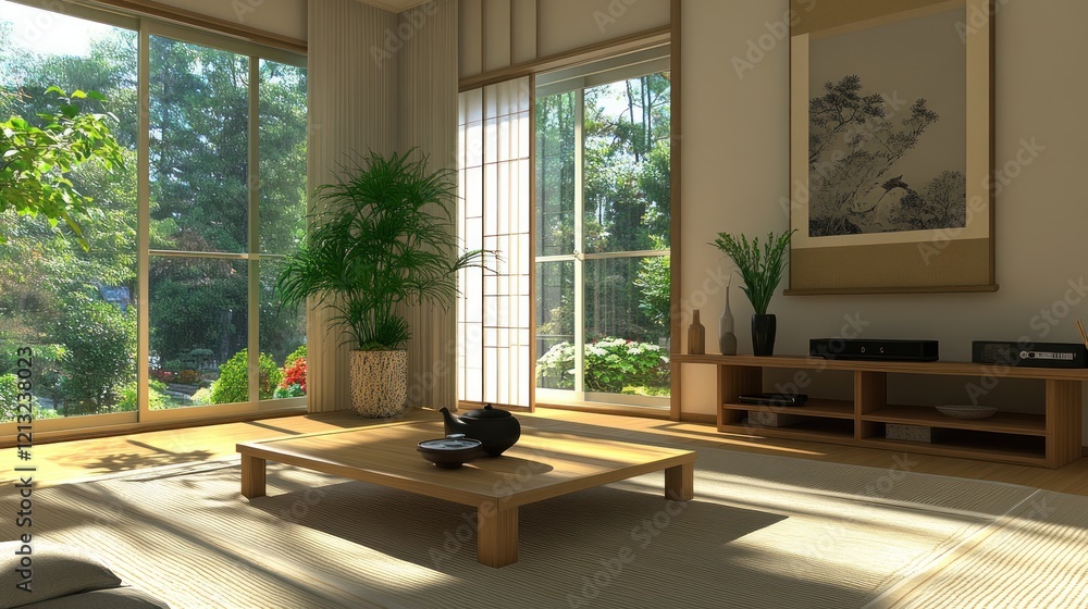 Serene Japanese-Style Living Room with Garden View Serene Japanese-Style Living Room with Garden View