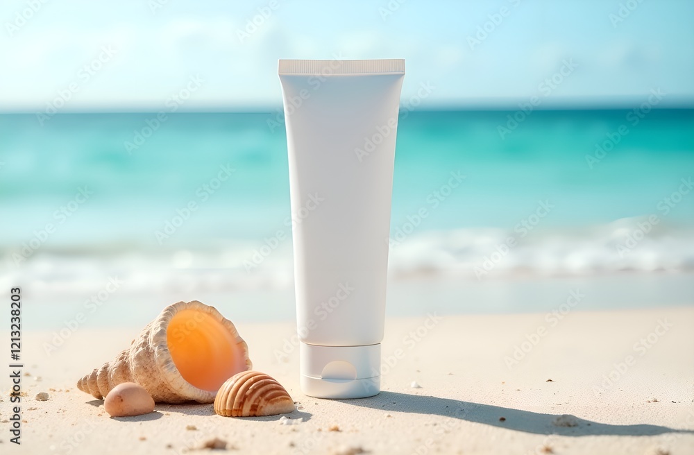 Obraz premium white mock up tube of spf sunscreen cream stands against the backdrop of a beach and azure sea, beautiful shells nearby.