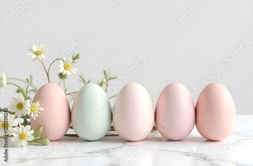 a row of Easter eggs in pastel colors on a marble table and a branch with small daisies in the background. white background photo