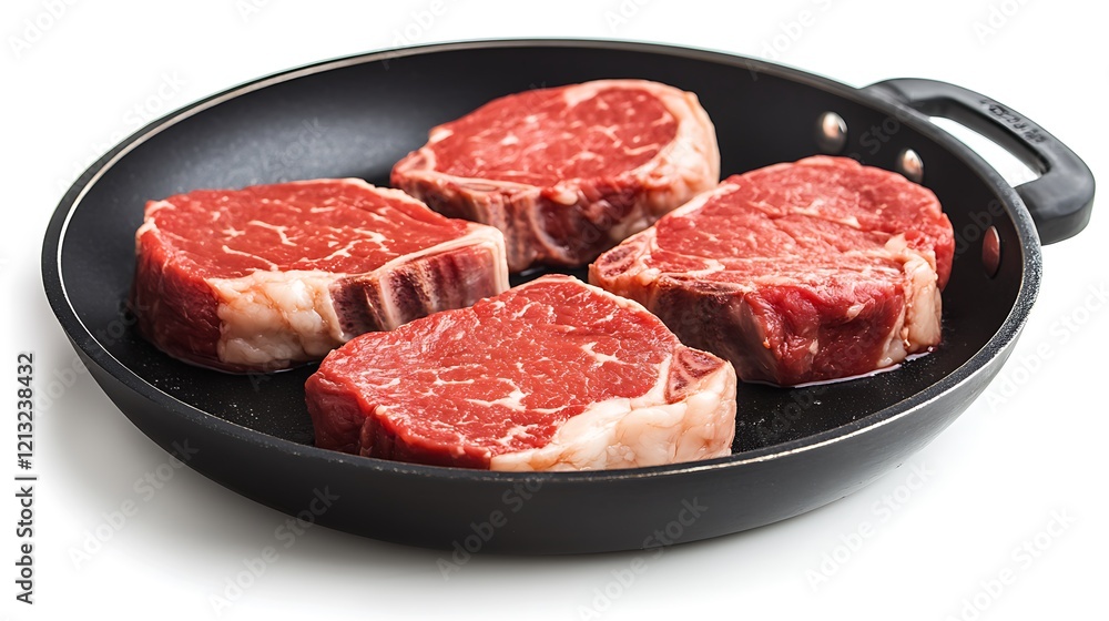 Juicy meat steaks dropped into a hot frying pan on white background Juicy meat steaks dropped into a hot frying pan on white background