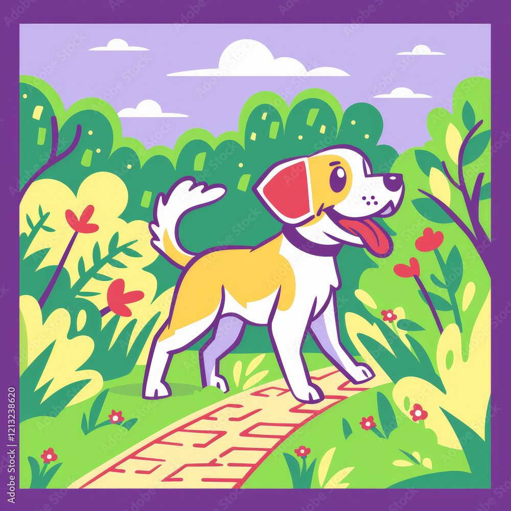 Naklejka premium cheerful dog walking on path in vibrant park filled with greenery