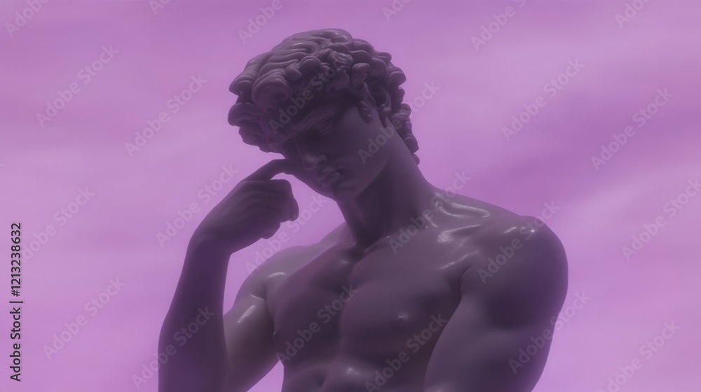 Fototapeta premium Statue of a young man pondering under a purple sky at dusk in an artistic setting