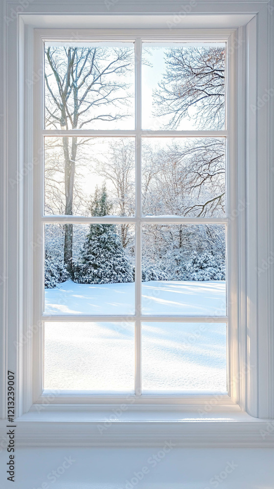 Obraz premium Vertical photo of a bright and white window with a beautiful winter landscape view