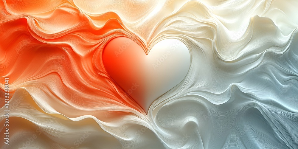 Obraz premium Abstract composition with a heart-shaped form surrounded by flowing fabric in orange and white tones