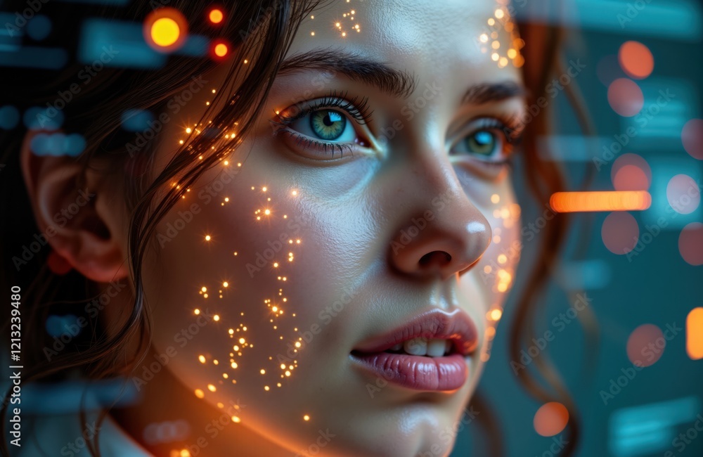 Close up of young woman. Face shows glowing tech design. Futuristic style. Concept of future technology. Possible AI VR interface. Woman looks thoughtful, curious. Tech face design with data Close up of young woman. Face shows glowing tech design. Futuristic style. Concept of future technology. Possible AI VR interface. Woman looks thoughtful, curious. Tech face design with data