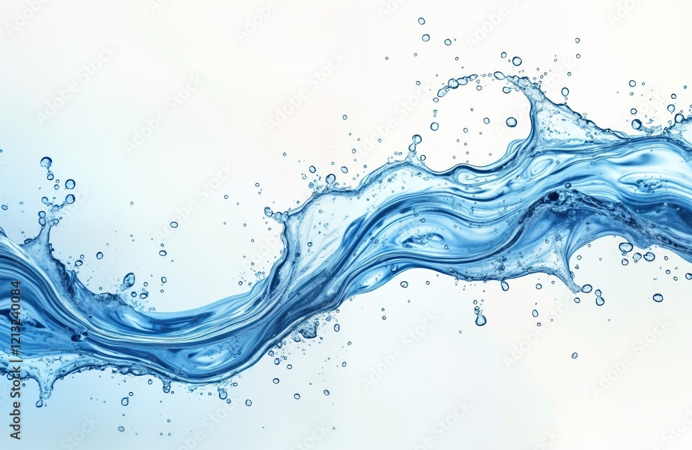 Dynamic water splash isolated on white background. Clear blue water flows, swirls in beautiful 3D design. Water droplets, bubbles scatter around splash. Image shows smooth fluid motion, freshness. Dynamic water splash isolated on white background. Clear blue water flows, swirls in beautiful 3D design. Water droplets, bubbles scatter around splash. Image shows smooth fluid motion, freshness.