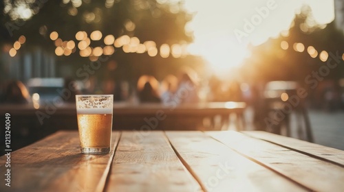 Fototapeta Naklejka Na Ścianę i Meble -  Golden hour beer on wooden table at outdoor event.