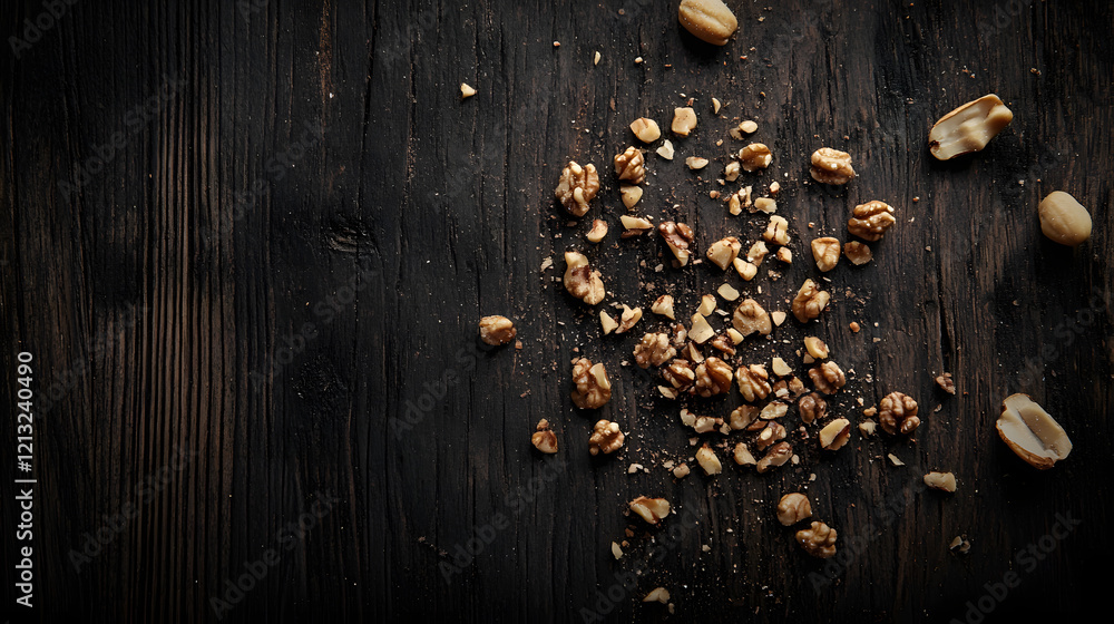 A top-down view of shelled walnuts scattered across a dark wooden table, emphasizing the textures and natural imperfections. A top-down view of shelled walnuts scattered across a dark wooden table, emphasizing the textures and natural imperfections.