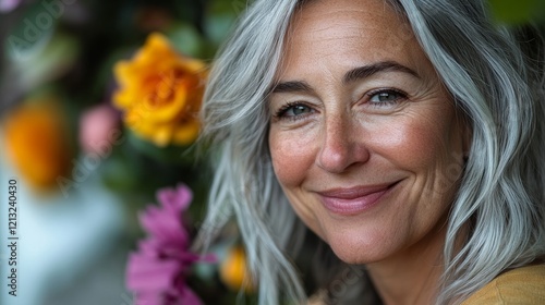 Brightly smiling woman with gray hair enjoying a vibrant floral background outdoors during sunny weather