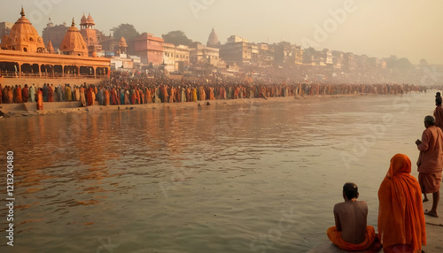 Obraz na plátně A tranquil scene of pilgrims immersing themselves in the Ganges River during the Kumbh Mela, reflecting the profound spirituality and devotion of the event
