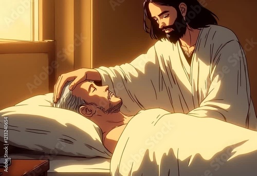 vector drawing of Jesus Christ healing a bedridden man