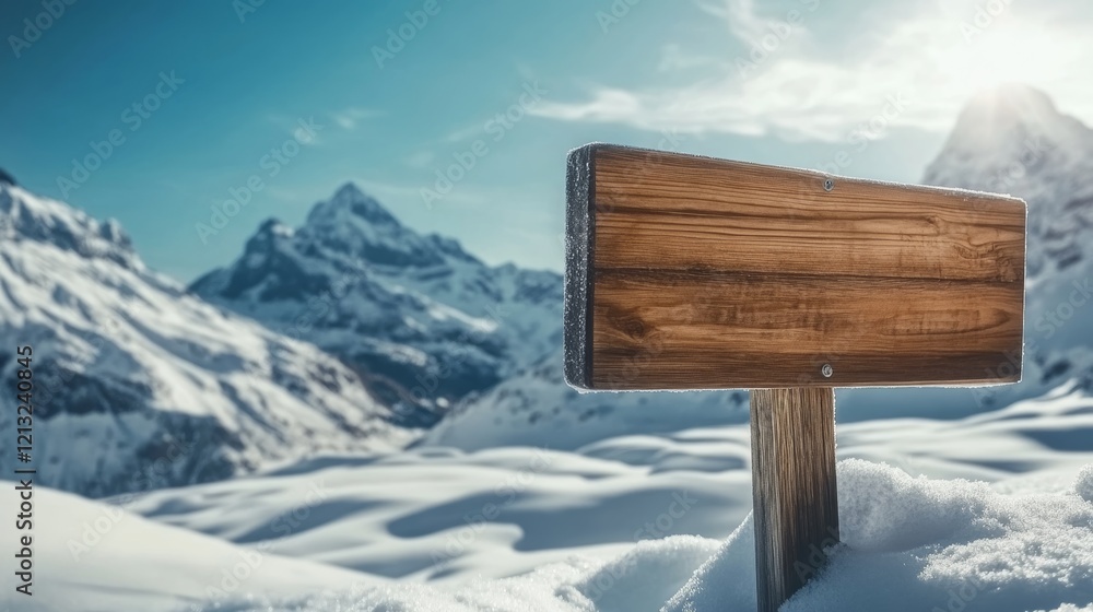 Naklejka premium Snow-covered landscape with a wooden sign in the foreground and majestic mountains in the background during bright daylight