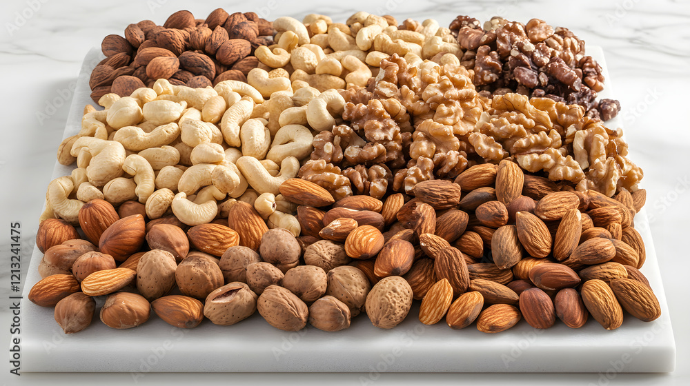 A variety of almonds, cashews, hazelnuts, and walnuts spread out on a rustic wooden surface, each nut showcasing its unique shape and color. A variety of almonds, cashews, hazelnuts, and walnuts spread out on a rustic wooden surface, each nut showcasing its unique shape and color.